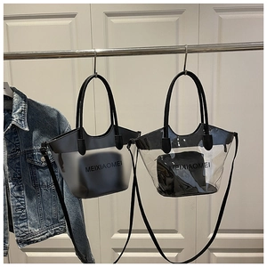 Detail of transparent PVC tote bag featuring a black inner pouch and detachable strap