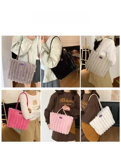 Collage of plush striped tote bags in six colors including beige and pink for autumn fashion