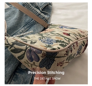 Detailed close-up of multi-color floral jacquard fabric with precision stitching on bag