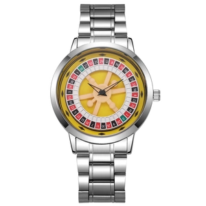 Rotating Russian roulette silver steel quartz watch with yellow nautical rudder dial