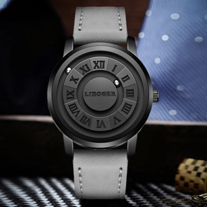 Black matte magnetic ball bearing watch with grey leather strap and Roman numerals