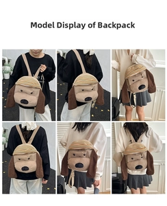 Detail view of cute plush dog backpack featuring corduroy material and striped cap details