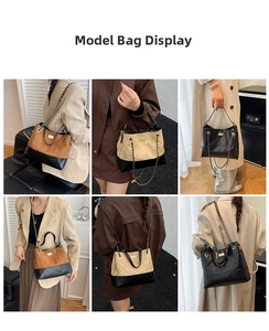 Detailed views of a quilted leather patchwork tote bag with gold chain strap on a model