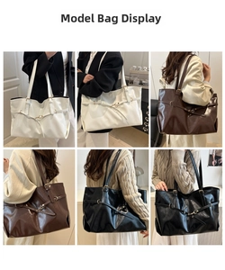 Collage of model wearing large vintage leather tote bag in white, brown and black