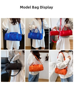 Detailed views of nylon gym bags in blue, red, black, and orange with adjustable straps