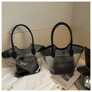 Detail of high-capacity PVC tote bag set with transparent and frosted grey textures