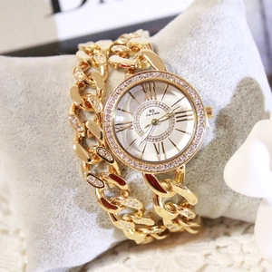 Elegante orologio da donna a catena dorata con strass scintillanti e numeri romani