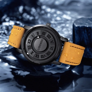 Waterproof magnetic ball watch with orange leather strap and black matte roman dial