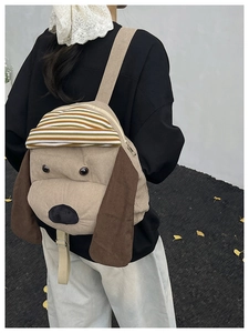 Rear view of a model wearing the cute corduroy puppy backpack with large capacity and 3D ears
