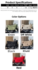 Detailed size chart and dimensions of the lightweight nylon crossbody bag in five colors