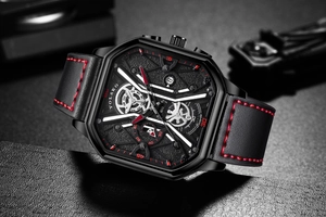 Macro shot of YOLAKO square black quartz watch with grey industrial dial and red stitching