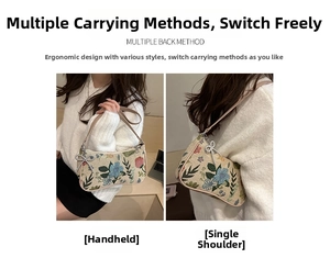 Detail of beige floral embroidery small bag with crystal bow and adjustable strap