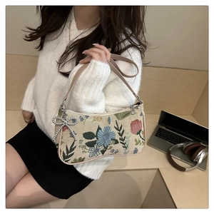 Detail of floral canvas underarm bag with beaded bow pendant and embroidered flowers