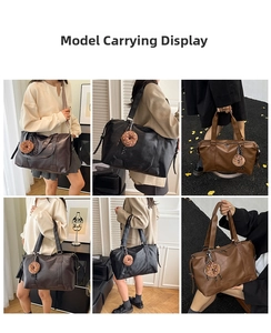 Detailed views of large capacity PU leather tote bags in black and brown with charms