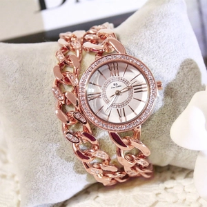 Orologio da donna con cinturino a catena oro rosa, strass e quadrante con numeri romani