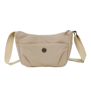 Minimalist beige nylon half-moon crossbody bag with wide shoulder strap for women