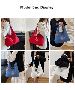 Detailed views of high-capacity canvas tote bag in red, blue, and white colors