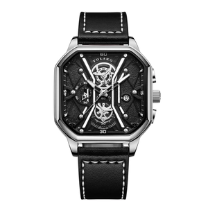 Men's square silver quartz watch with black textured dial and leather strap