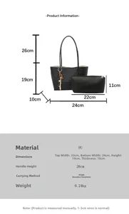Detailed size specifications for large black woven tote bag and matching zipper pouch