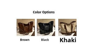 Detailed view of tote bags in brown, black, and khaki with metal bow and rivet accents