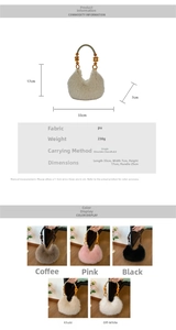 Detailed size specifications for a faux fur handbag with wooden bead handles and PU material