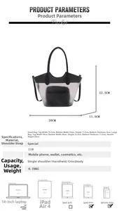 Detailed size chart of transparent tote with black inner pouch and leather handles