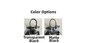 Comparison of transparent black and matte textured PVC tote bags with logo detail