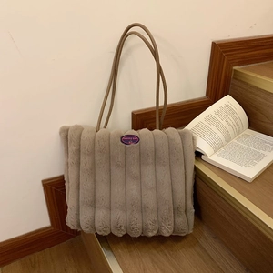 Women Plush Tote Bag Faux Fur Shoulder Bag Vertical Stripe Large Capacity Fuzzy Handbag Winter Autumn Casual