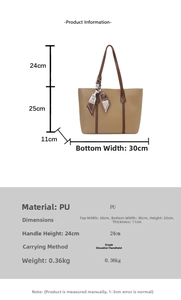 Detailed size guide for large PU leather tote bag with silk scarf and handle measurements