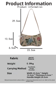 Detailed size chart for floral canvas handbag with specific dimensions and weight data
