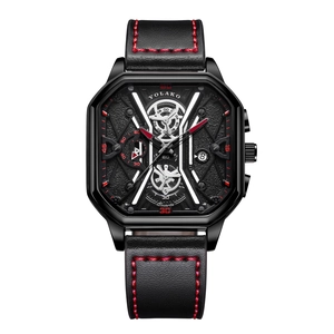 Square fashion men's watch with double-layered black dial and red stitched leather strap