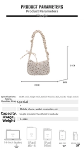 Detailed dimension guide of beige floral hobo bag with brown bow prints and ruffles