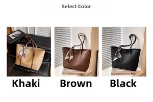 Detailed view of PU leather tote bags in khaki, brown, and black with floral silk scarves