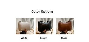 Three-color display of half-round shoulder bags in white, black, and brown faux leather