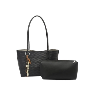 Large black woven leather tote bag set with shoulder strap and wooden bead charm accessory
