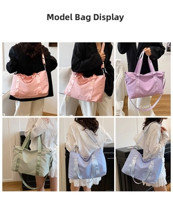Multiple views of large macaron travel bags showing shoulder and hand-carry styles
