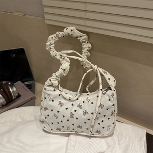 Women Corduroy Underarm Bag With Heart Bow Print Scrunched Handle Sweet Japanese Style Crescent Shoulder Handbag