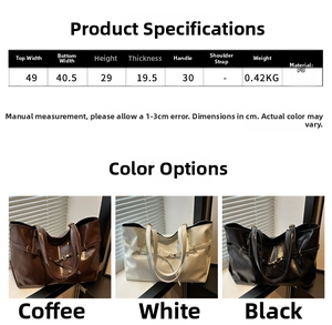 Size chart and dimensions for large PU leather tote bag with product measurements