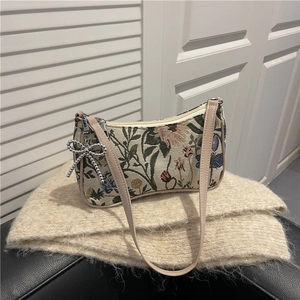 Retro Floral Jacquard Underarm Shoulder Bag For Women Vintage Woven Fabric Purse With Bead Bow Charm Casual Daily