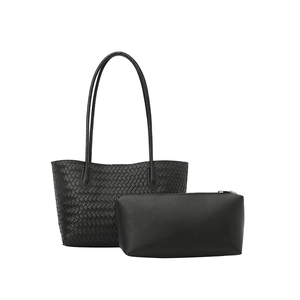 Classic black woven tote bag and leather zipper pouch set with slender shoulder straps