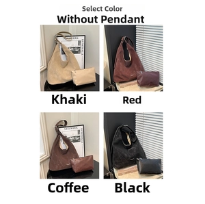 Detailed grid view of four large retro tote bags with matching zipper pouches in autumn tones