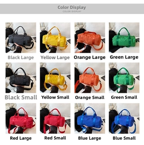 Detailed view of nylon cylinder gym bags in six vibrant colors and two sizes