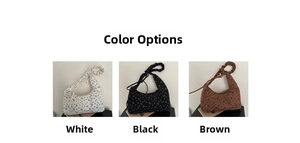Trois coloris de sacs cabas à pois disponibles en blanc, noir et marron en tissu