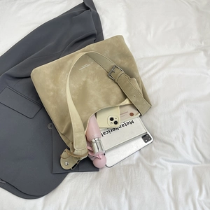 Vintage khaki suede tote bag for women showing large capacity for daily essentials