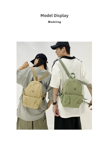 Detail showing bean green and beige nylon backpacks with multiple functional pockets