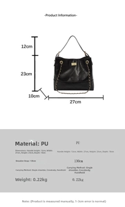 Detailed dimension guide for black quilted PU tote bag with gold chain and dimensions info