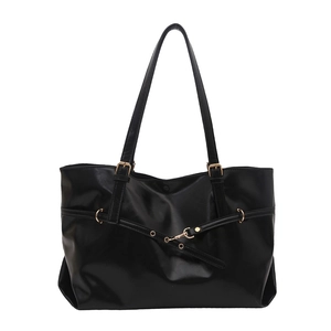 Retro black faux leather large tote bag with gold hardware and shoulder straps