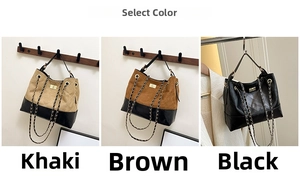 Detailed view of quilted faux leather shoulder bags in khaki, brown, and black with chain