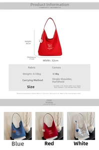 Detailed size chart and multi-color options for the large canvas tote bag showing dimensions