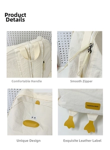 Detailed views of the cream cartoon duck backpack with embroidery and unique duck feet charms